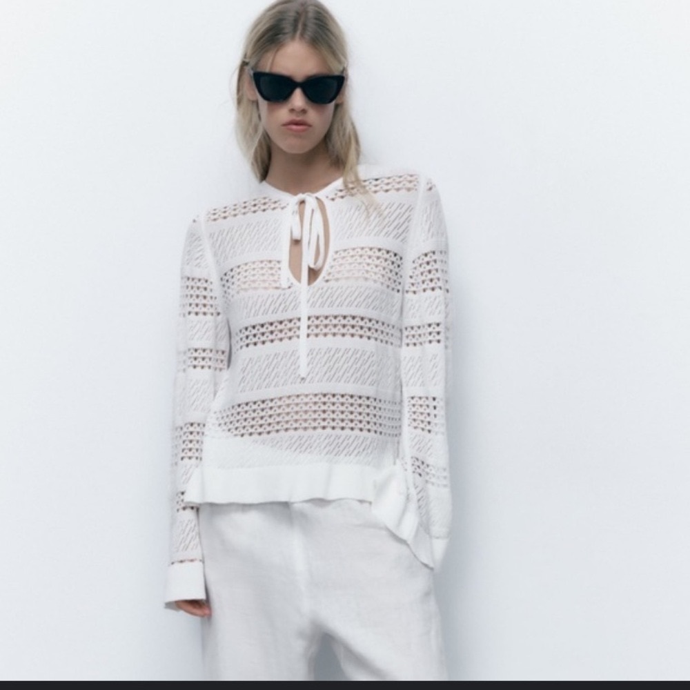 ZARA White Pointelle Knit Top